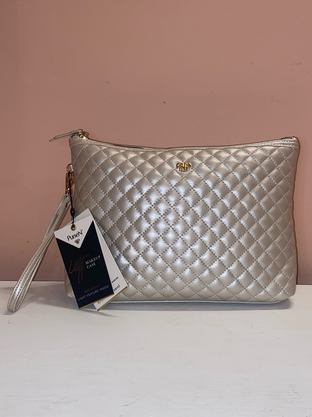 NWT PURSEN “LITT” Vegan Leather Quilted Makeup Case Pearl and Gold 13”x 3”x 8”